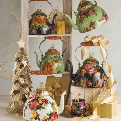 The Coffee Shop|Tea Kettles|MacKenzie-Childs Black Flower Market 2 Quart Tea Kettle