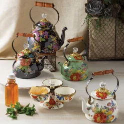 Tea Kettles|MacKenzie-Childs Black Flower Market 3 Quart Tea Kettle