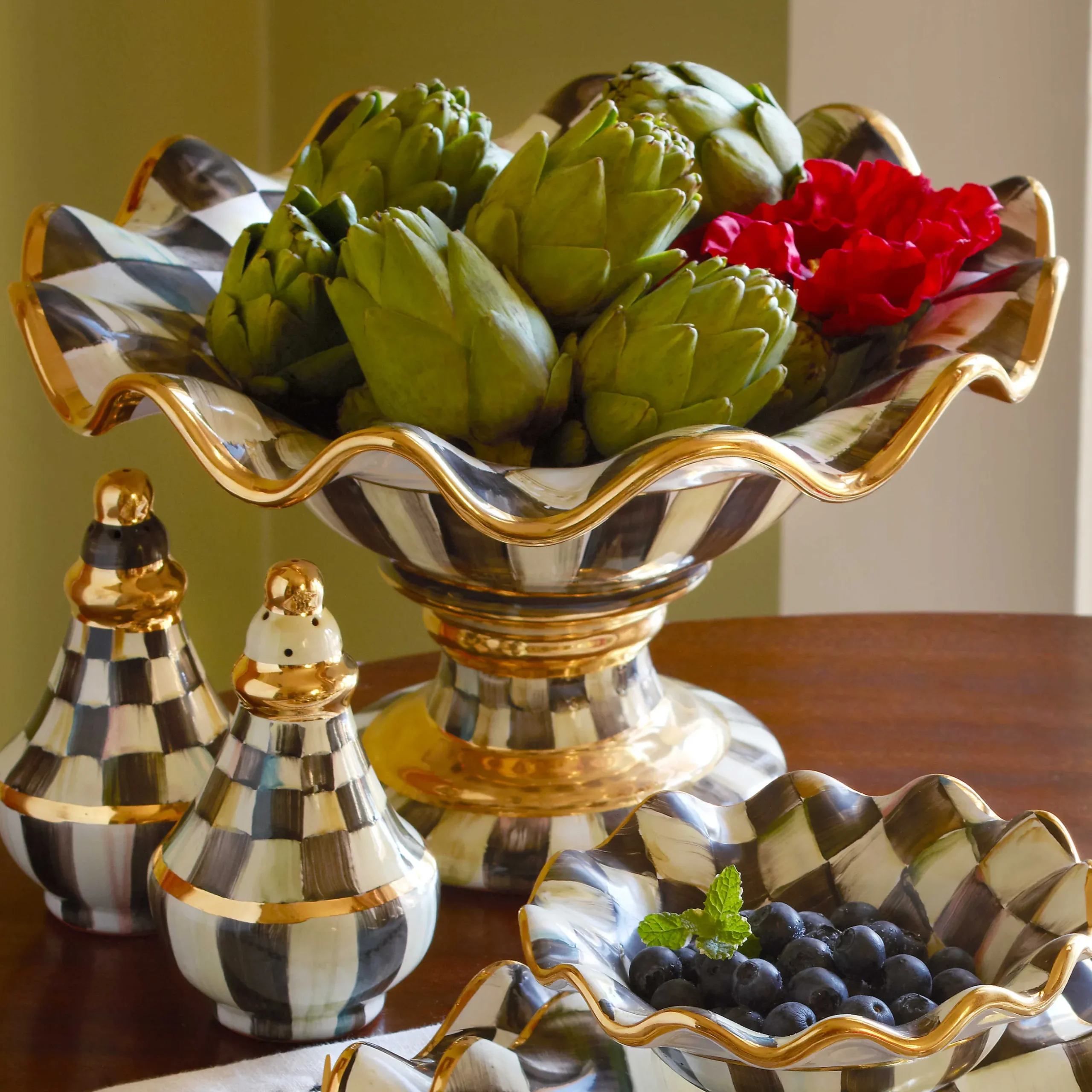 Serveware|MacKenzie-Childs Courtly Check Ceramic Compote