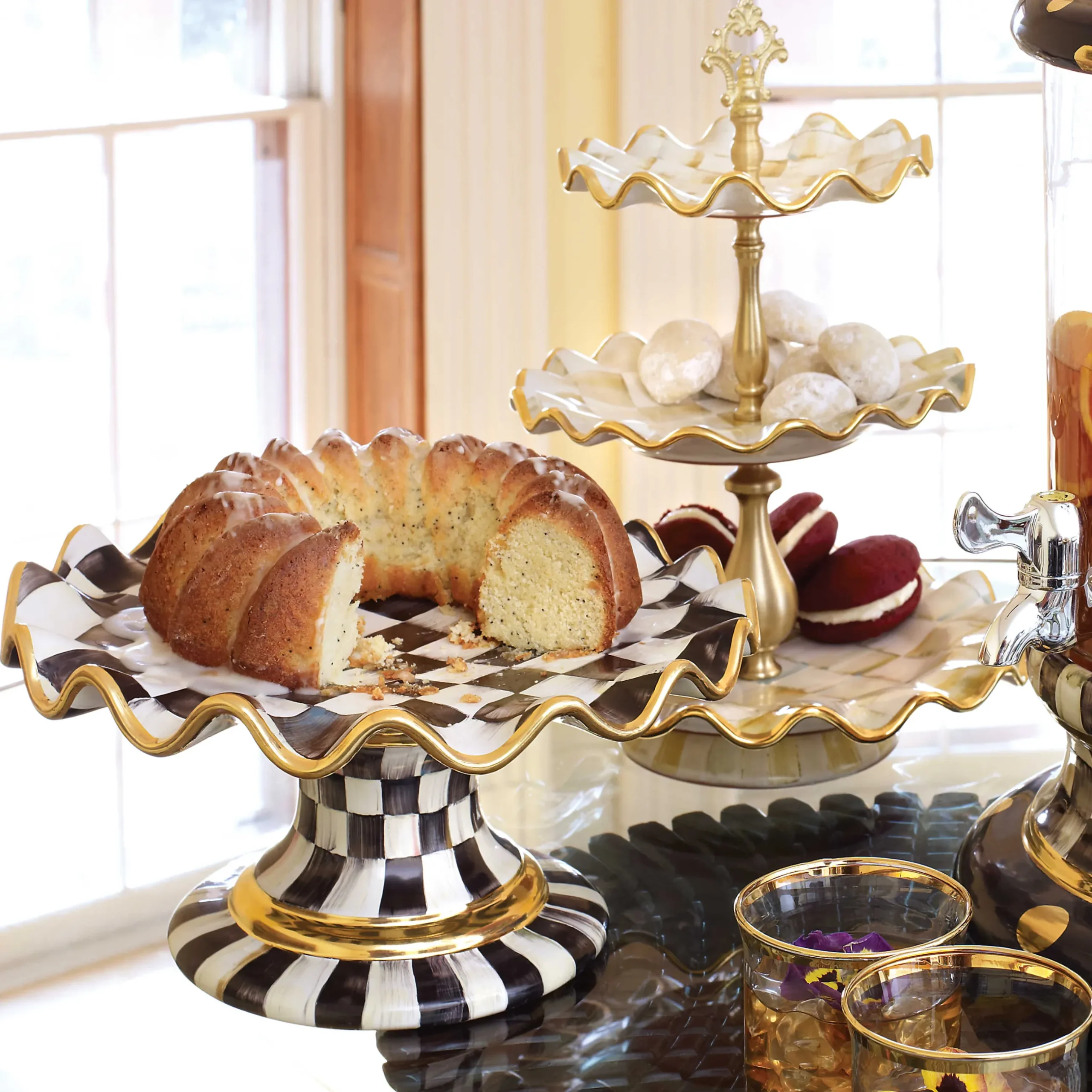 Serveware|MacKenzie-Childs Courtly Check Ceramic Fluted Cake Stand