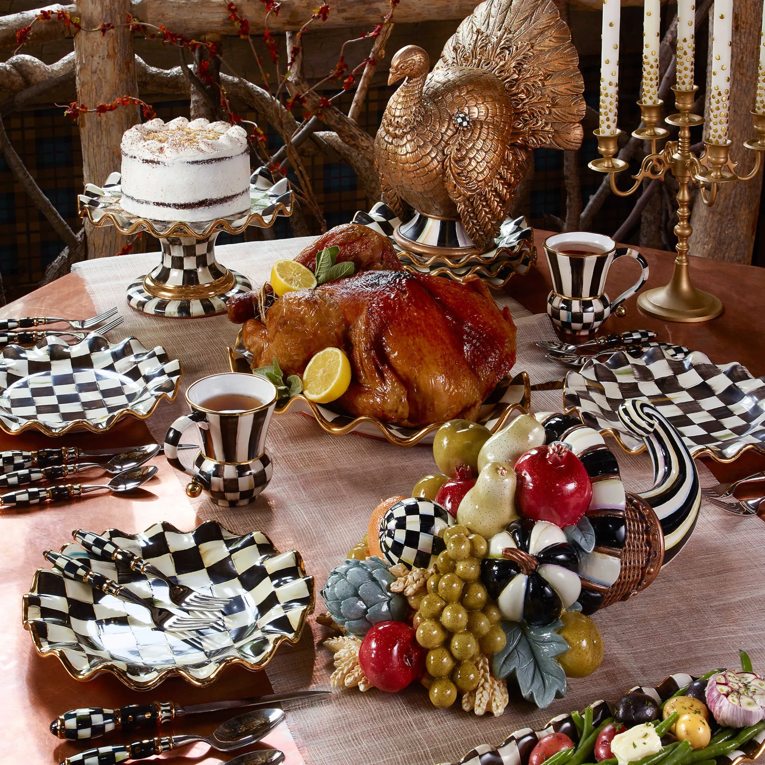Serveware|MacKenzie-Childs Courtly Check Ceramic Fluted Cake Stand
