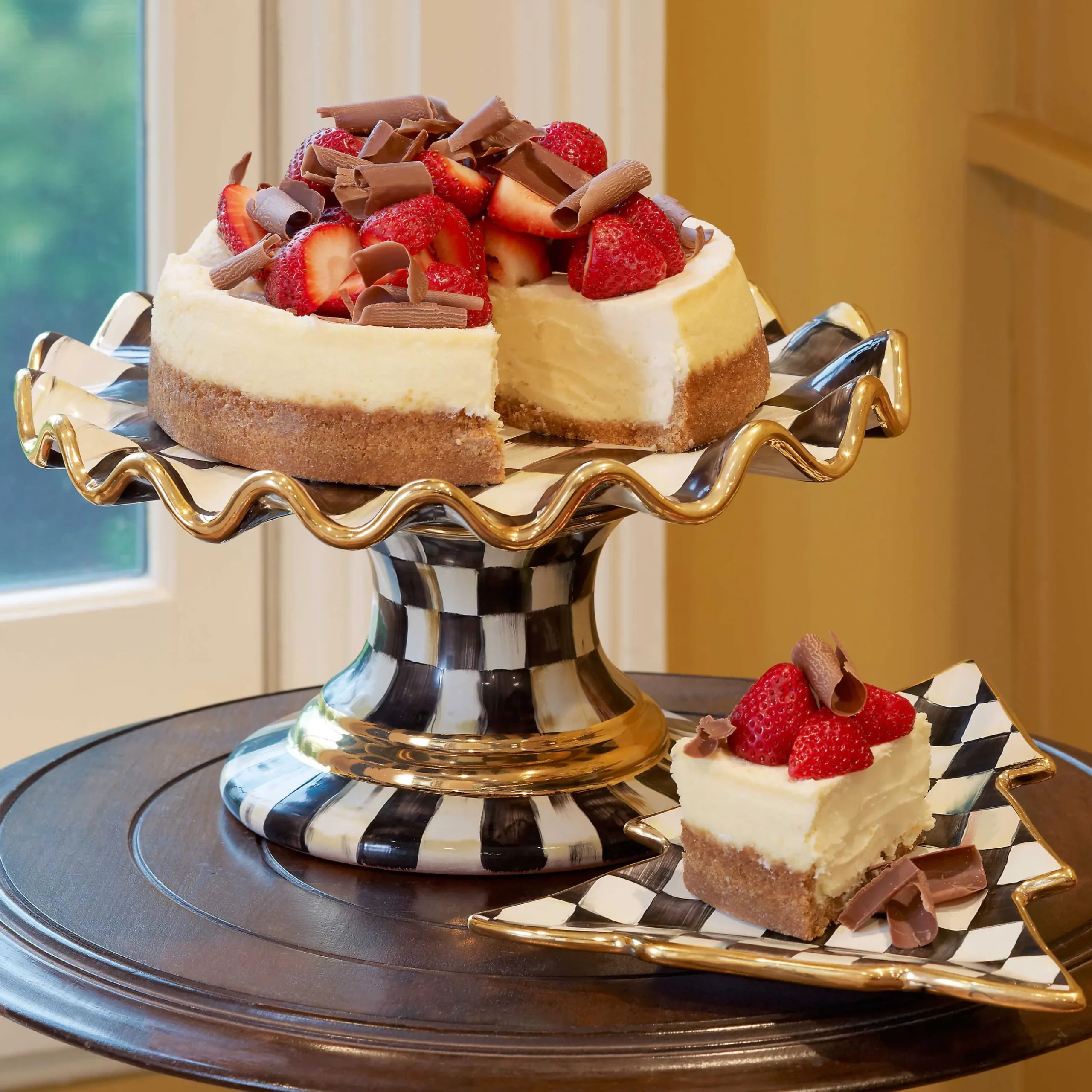 Serveware|MacKenzie-Childs Courtly Check Ceramic Fluted Cake Stand