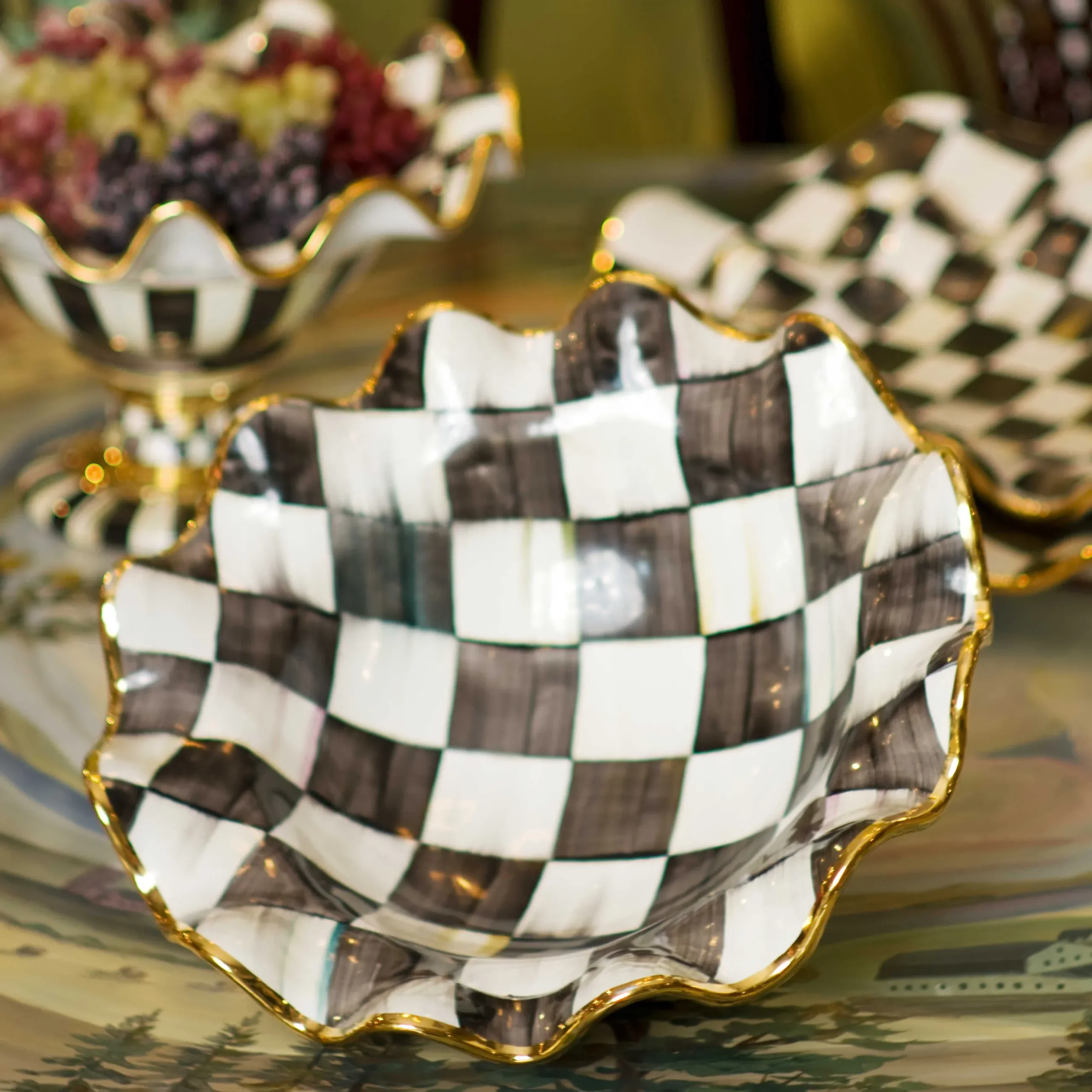 Serveware|MacKenzie-Childs Courtly Check Medium Ceramic Fluted Serving Bowl