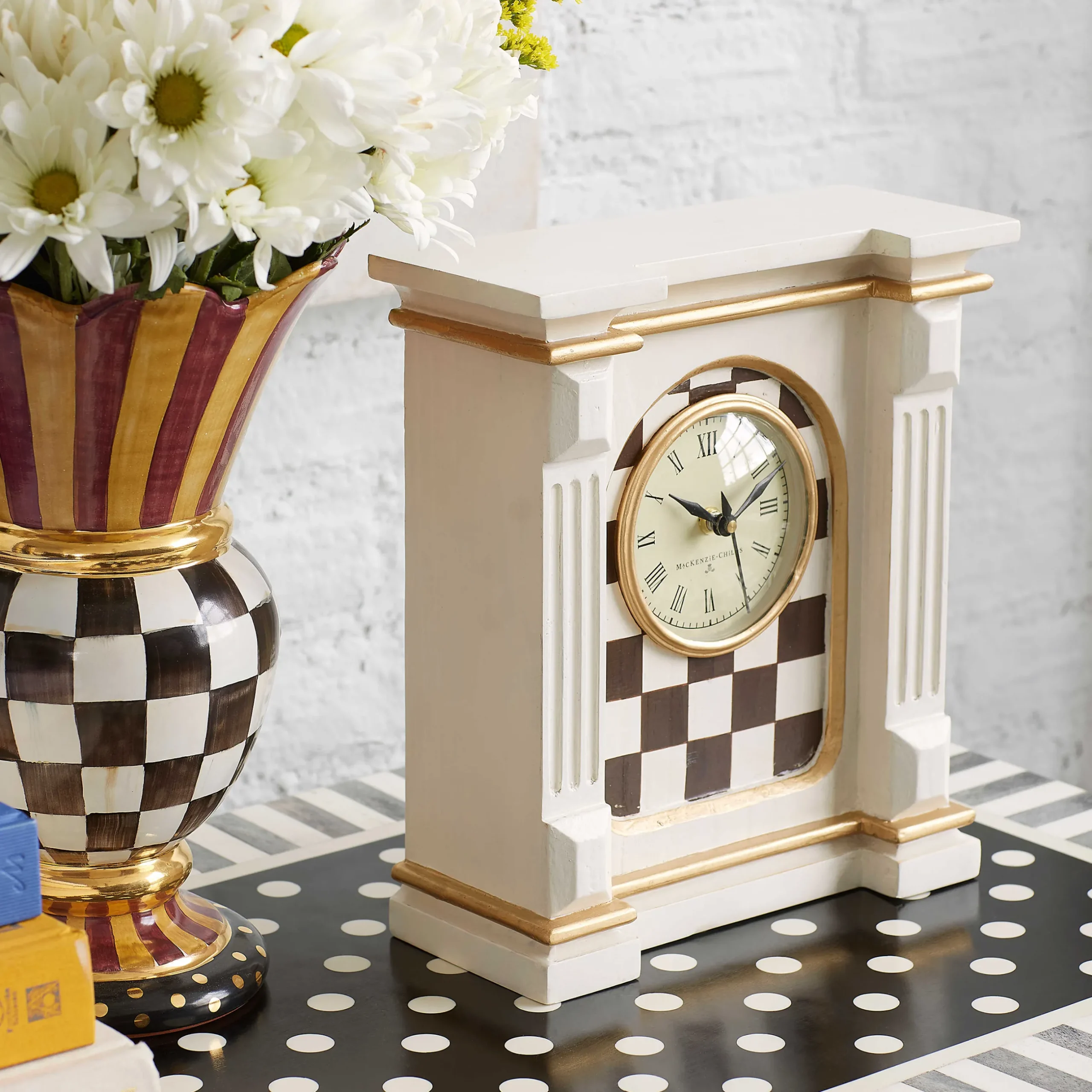 Room Accents|MacKenzie-Childs Courtly Check Off White Mantel Clock