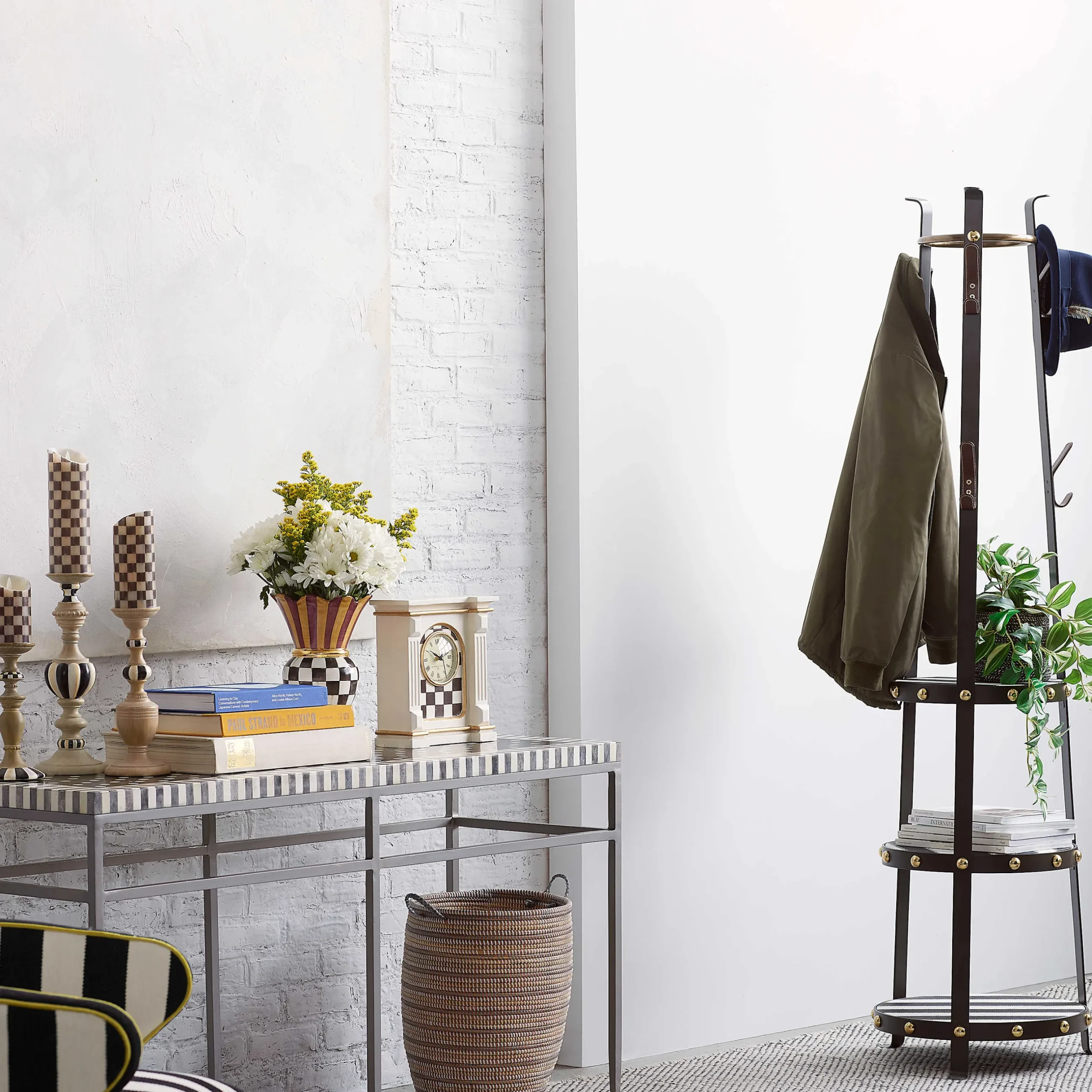 Room Accents|MacKenzie-Childs Courtly Check Off White Mantel Clock