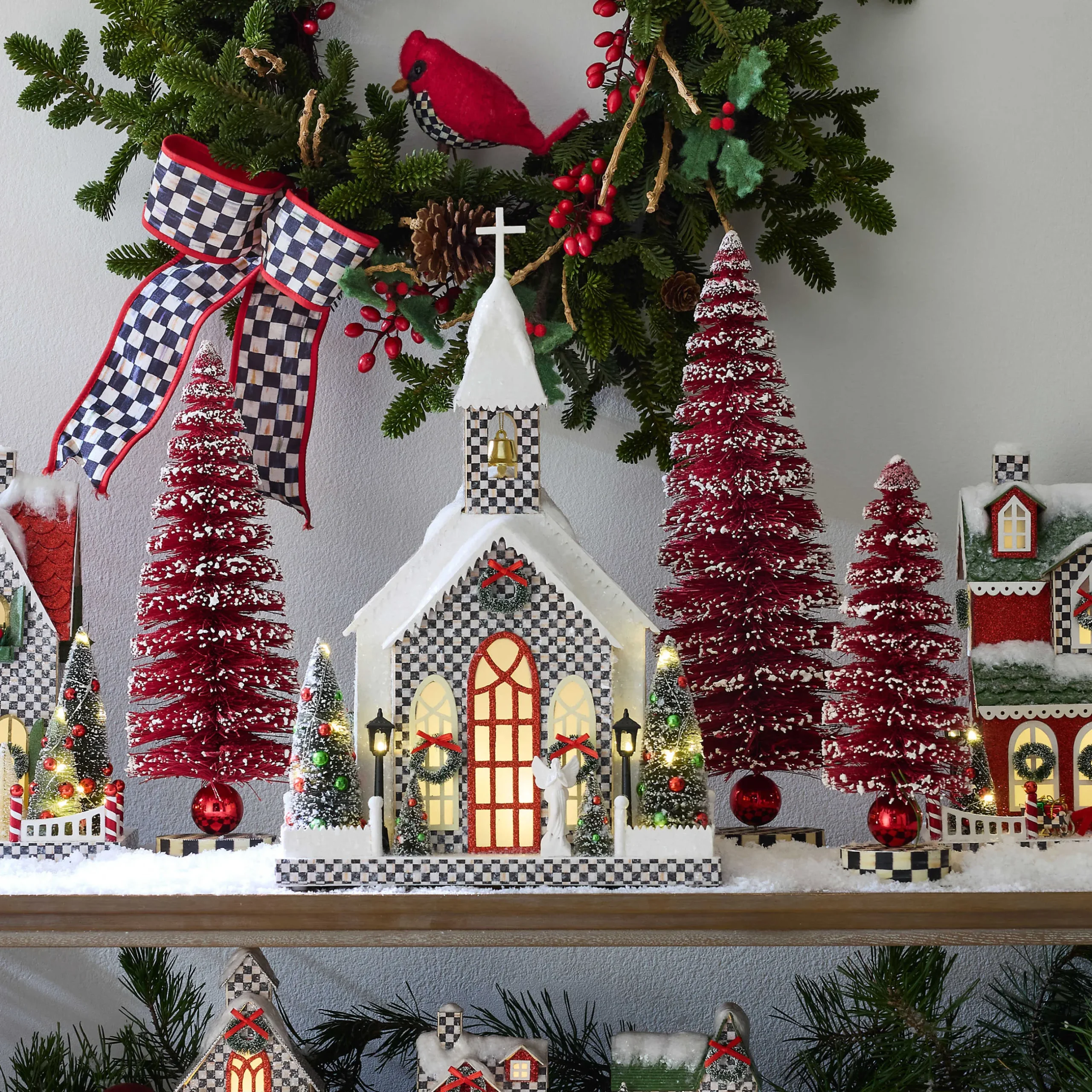 Room Accents|MacKenzie-Childs Cozy Christmas Red Bottle Brush Trees, Set of 3