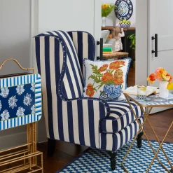 Living Room|MacKenzie-Childs Marquee Navy Stripe Chenille Wing Chair