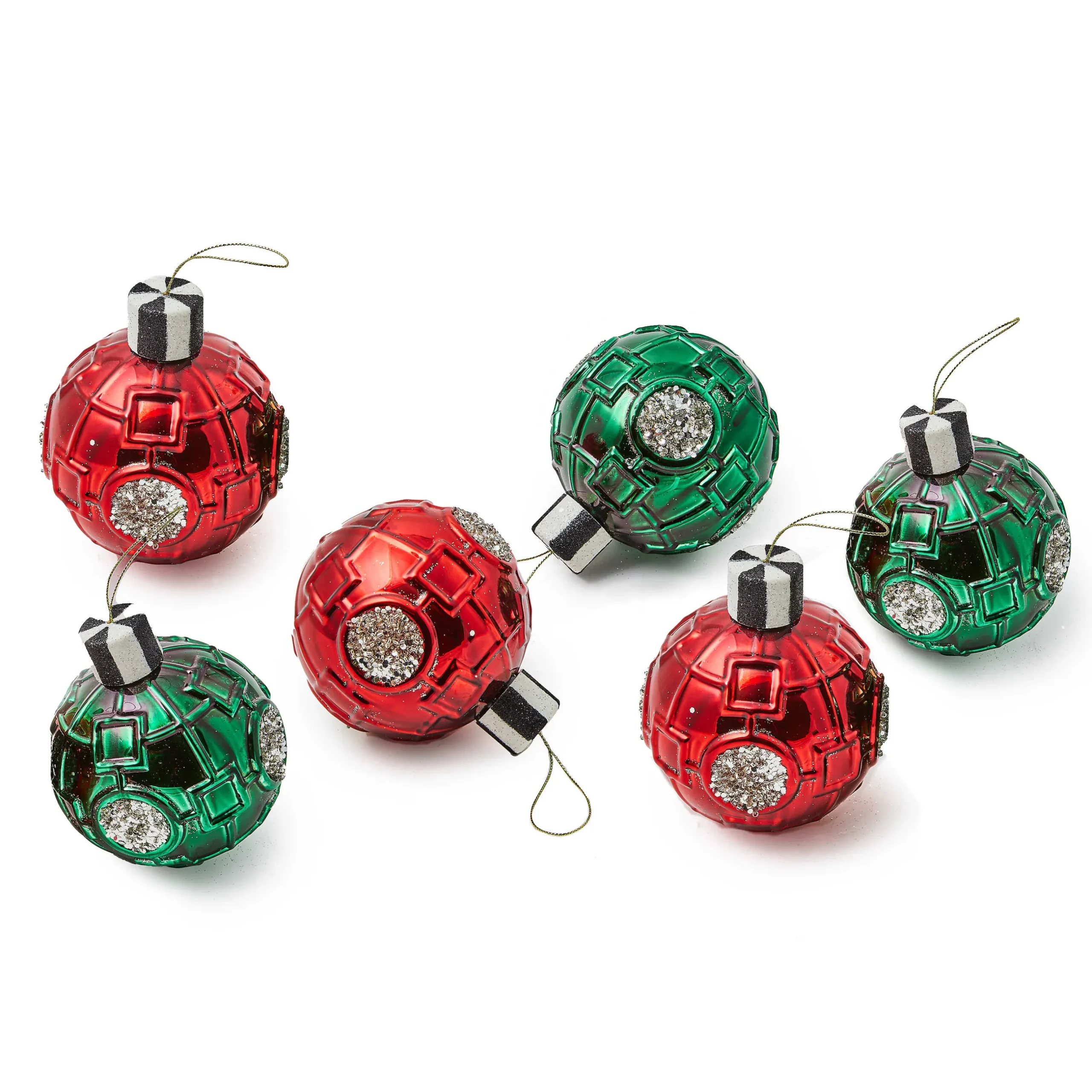 Holiday|MacKenzie-Childs Red Green Metallic Glass Ball Ornaments, Set of 6