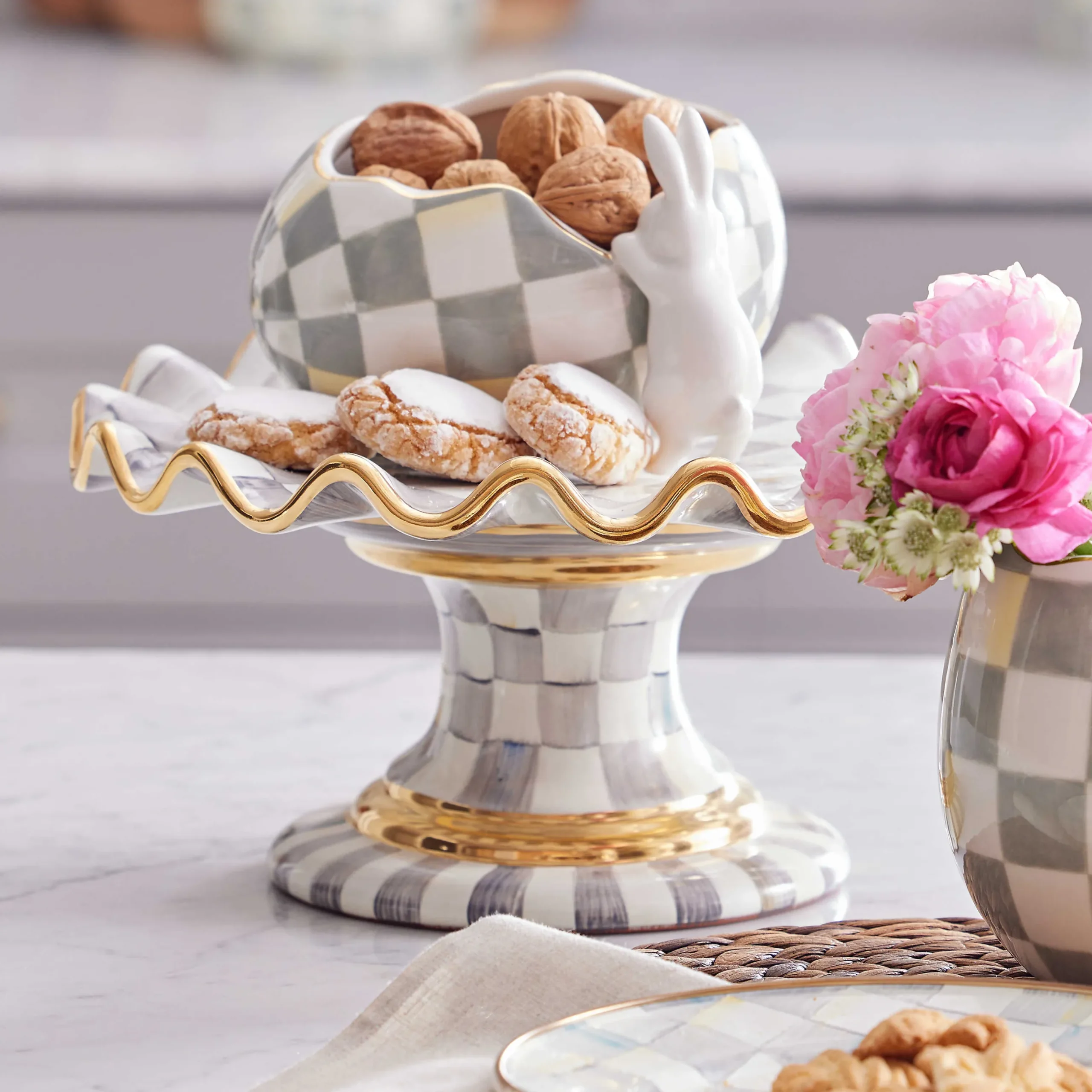 Serveware|MacKenzie-Childs Sterling Check Ceramic Fluted Cake Stand