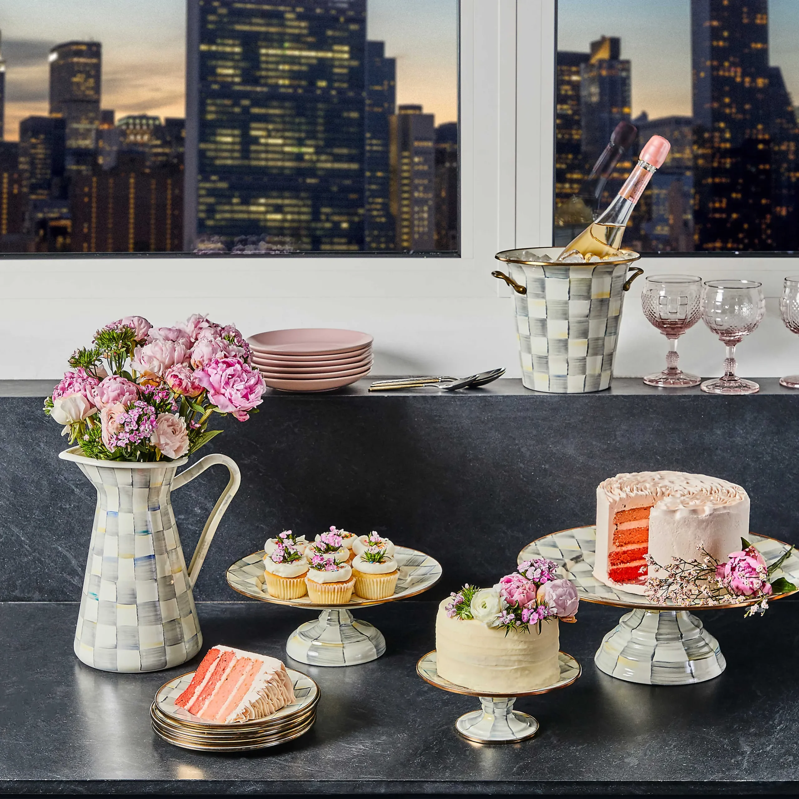 Fall Entertaining|Serveware|MacKenzie-Childs Sterling Check Large Pedestal Platter