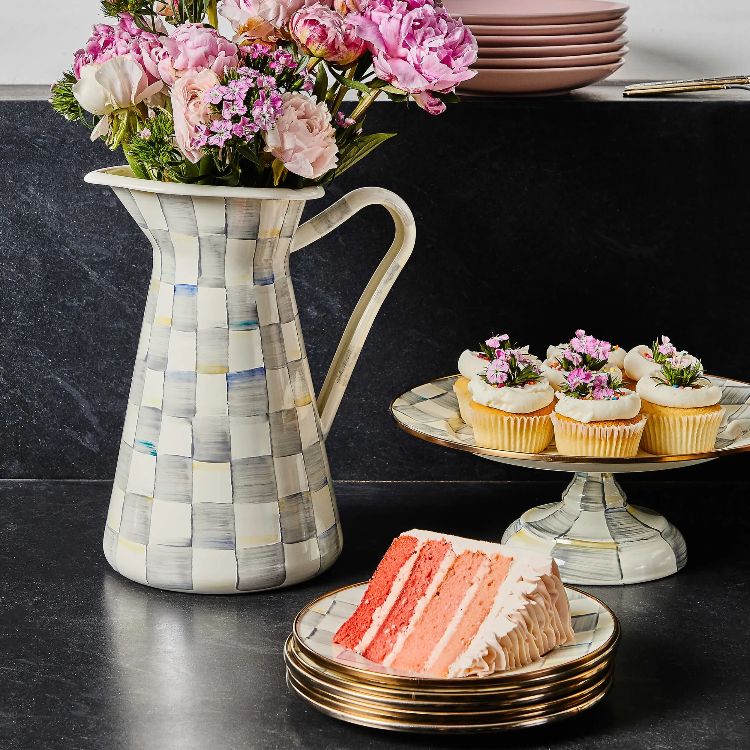 Serveware|MacKenzie-Childs Sterling Check Small Pedestal Platter