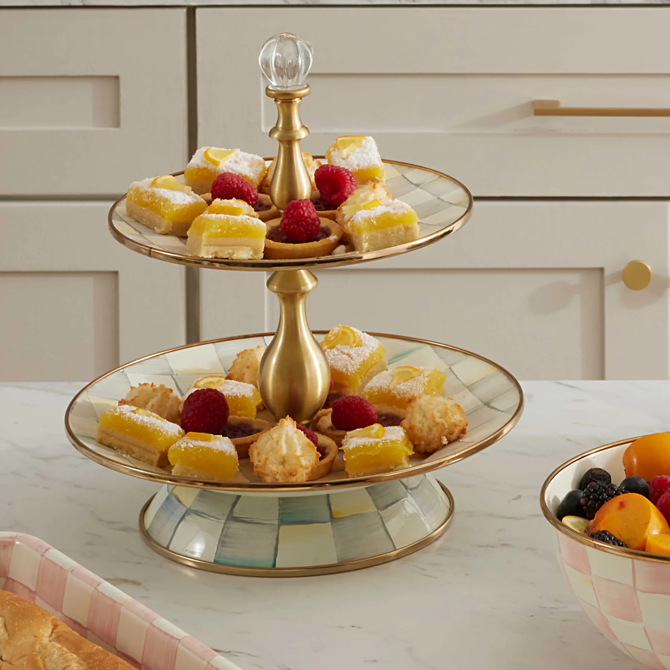Fall Entertaining|Serveware|MacKenzie-Childs Sterling Check Two Tier Sweet Stand