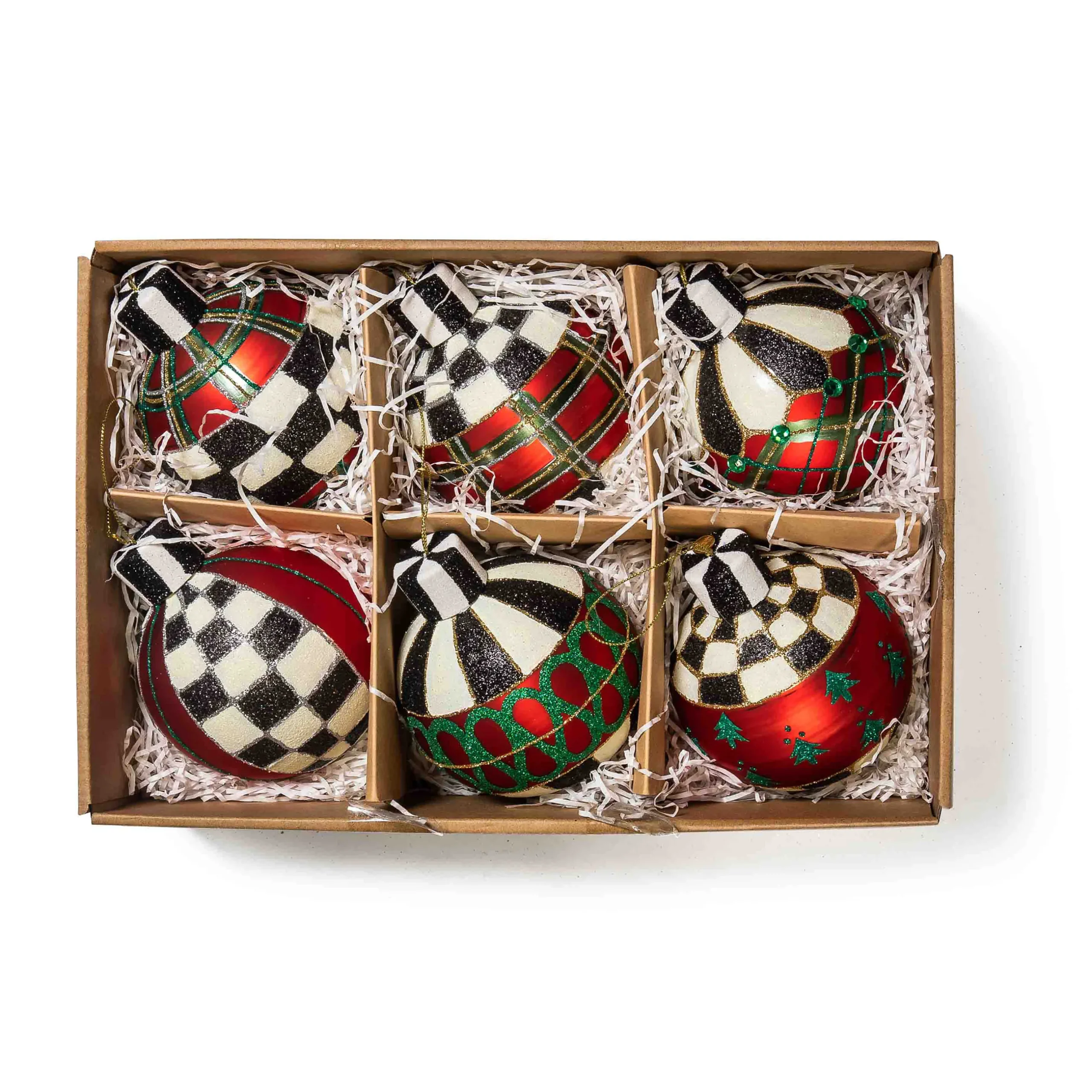 Holiday|MacKenzie-Childs Tartan Glass Large Ball Ornaments, Set of 6