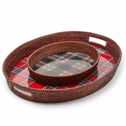 Serveware|MacKenzie-Childs Tartan Red Rattan Party Serving Tray