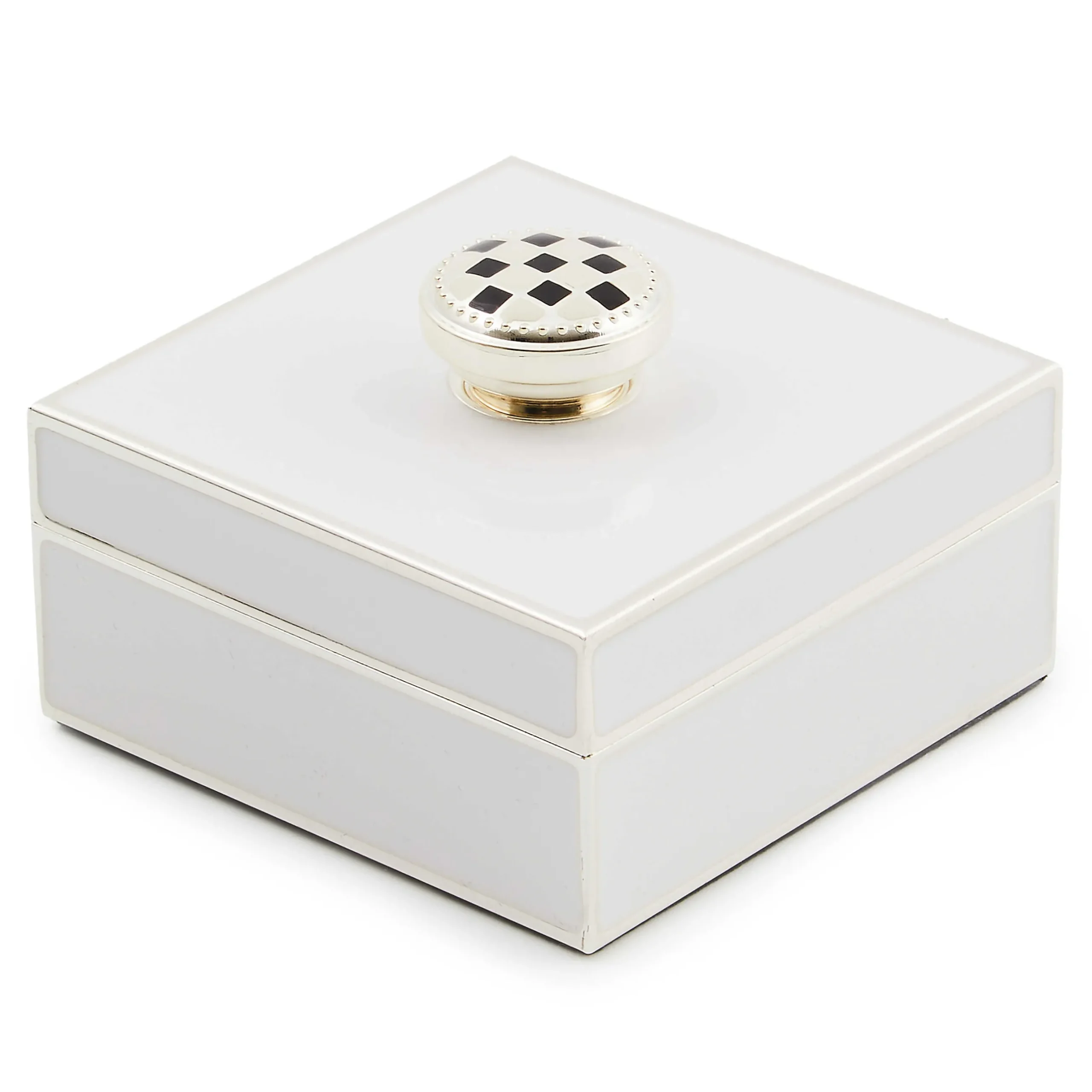 Room Accents|MacKenzie-Childs White Silver Plated Trinket Box with Check Knob